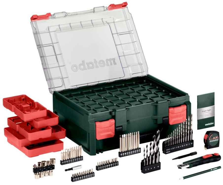 Metabo BS 18 L SET, Mob i l e  Werkstatt, 2 x 2,0 Li-Power Akkus, Schnellladegerät, mit viel Zubehör, 74 teilig!